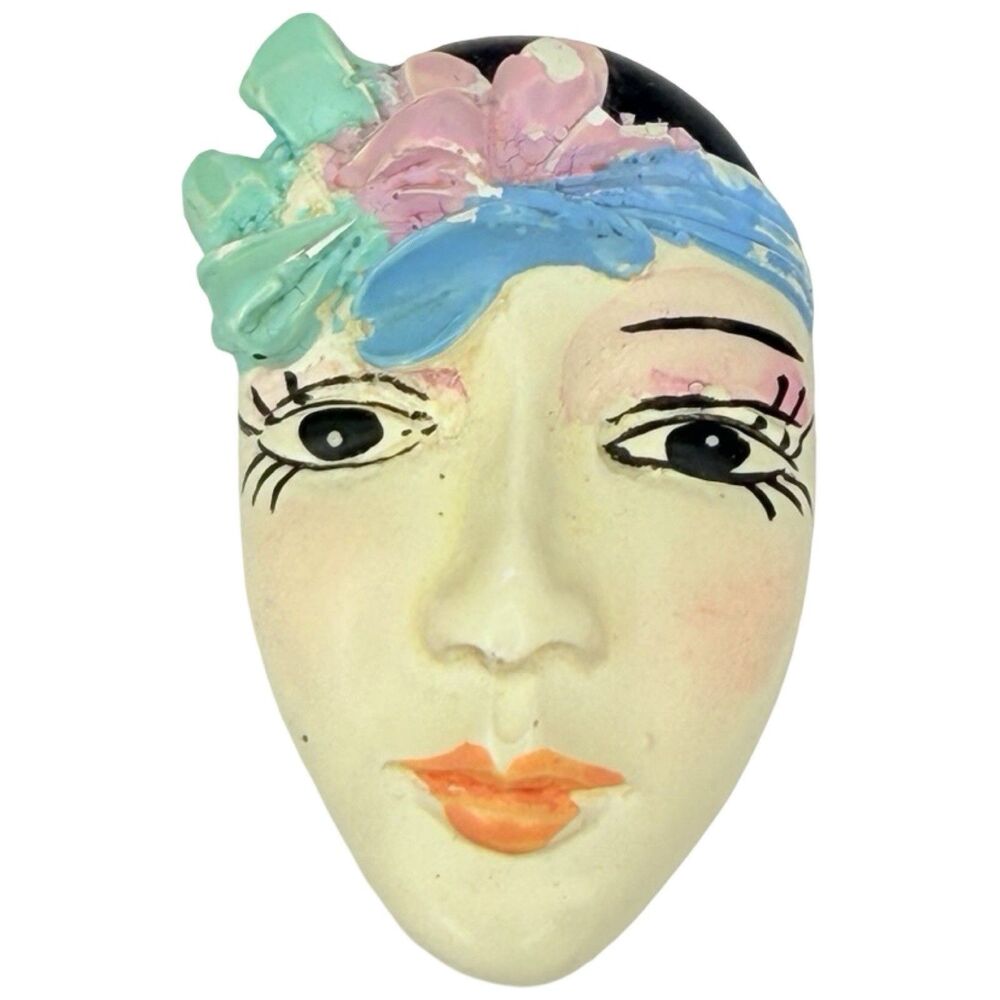 VTG 80's Flapper Girl  Face Brooch Pin 2" Clay Art Ceramic Hand Painted Artisan